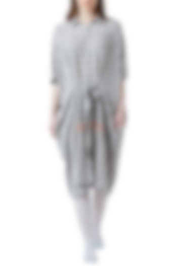 White & Grey Embroidered Striped Dress by Doodlage