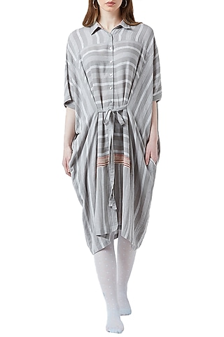 White & Grey Embroidered Striped Dress by Doodlage