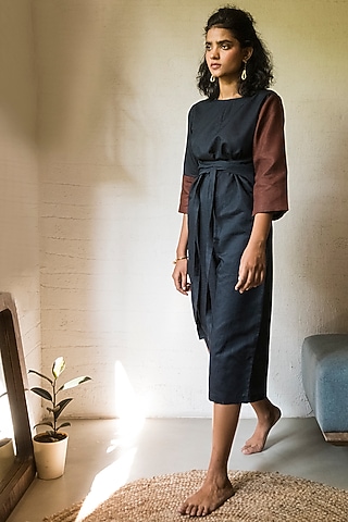 Brown & Navy Blue Paneled Jumpsuit by Doodlage