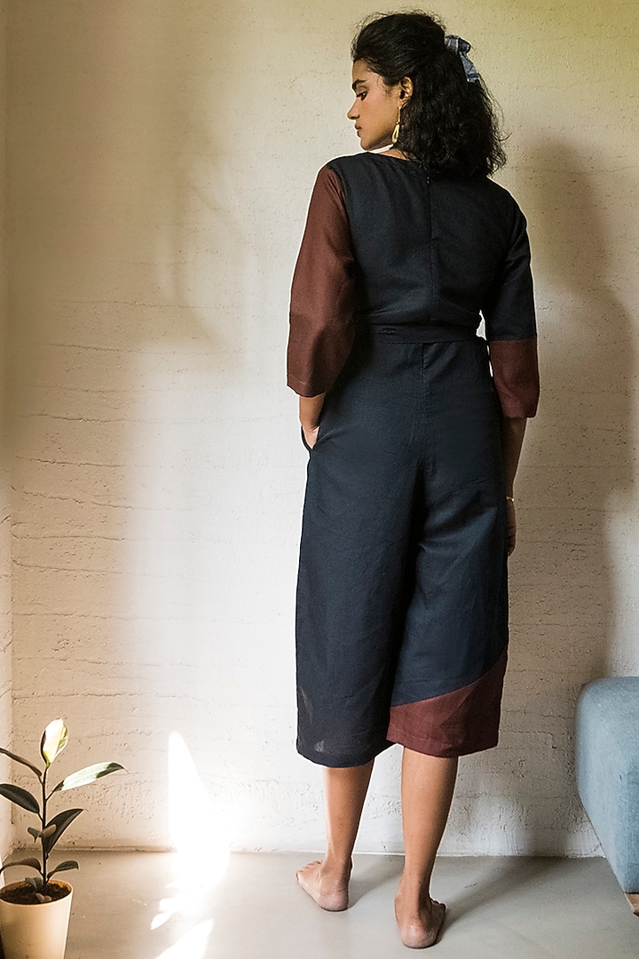 Brown & Navy Blue Paneled Jumpsuit by Doodlage at Pernia's Pop Up Shop