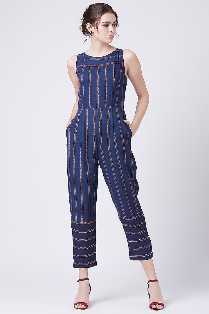 Blue Striped Jumpsuit With Pockets Design by Doodlage at Pernia's Pop ...