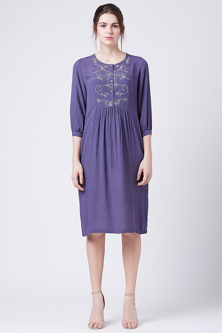 Purple Embroidered Gathered Dress by Doodlage