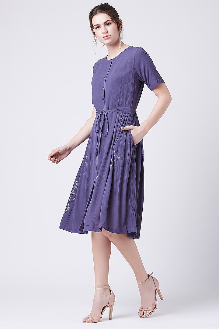 Purple Embroidered Pleated Dress by Doodlage