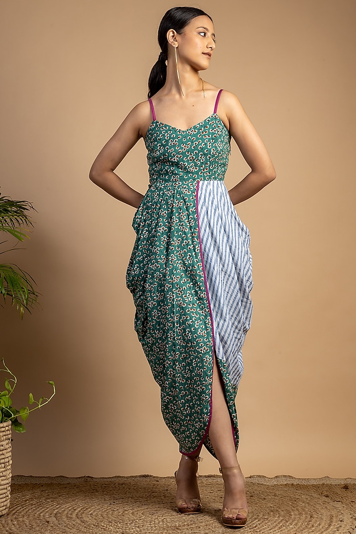 Green Printed Draped Dress by Doodlage