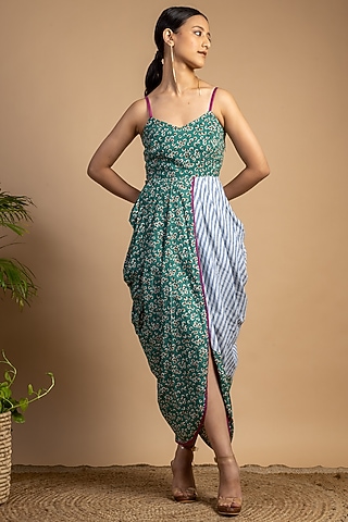 Green Printed Draped Dress by Doodlage