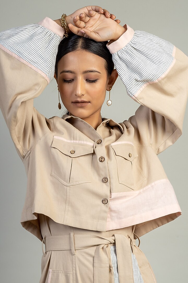 Beige Upcycled Cotton Short Jacket by Doodlage at Pernia's Pop Up Shop