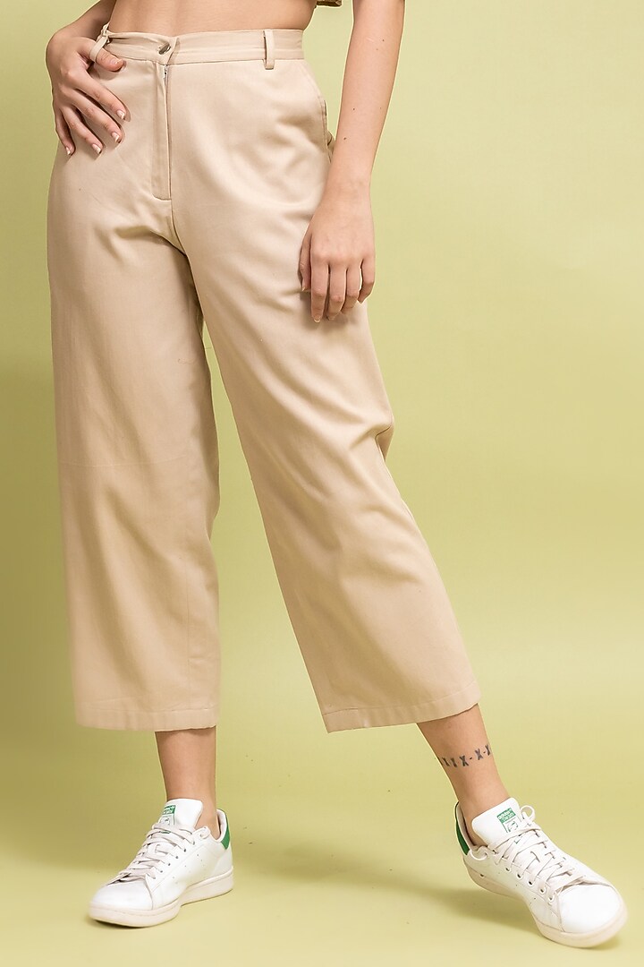 Beige Upcycled Cotton Pants by Doodlage at Pernia's Pop Up Shop