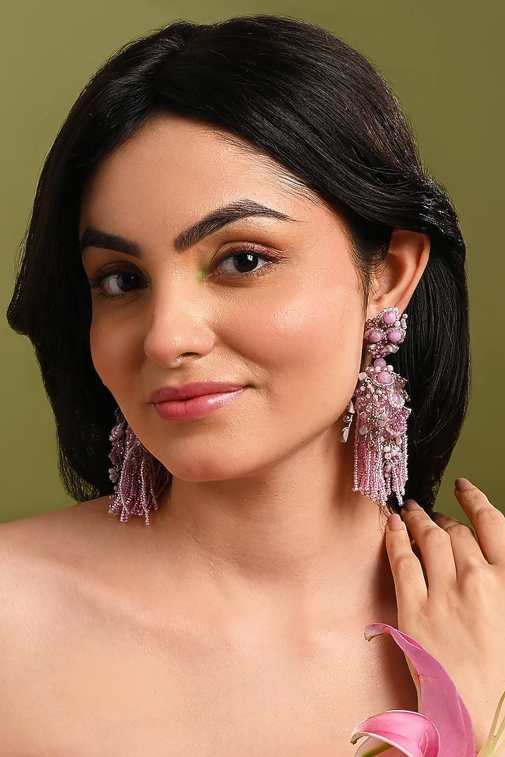 Gold Finish Mauve Stone & Pearl Dangler Earrings by House of D'oro at Pernia's Pop Up Shop