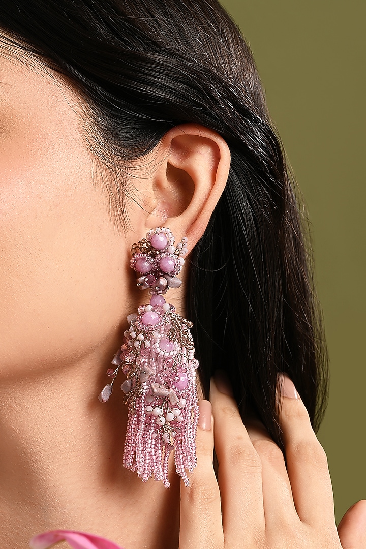 Gold Finish Mauve Stone & Pearl Dangler Earrings by House of D'oro at Pernia's Pop Up Shop