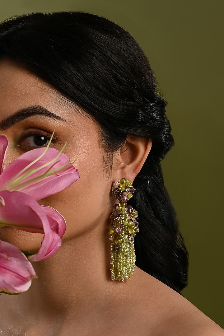 Gold Finish Green Monalisa Stone Dangler Earrings by House of D'oro at Pernia's Pop Up Shop