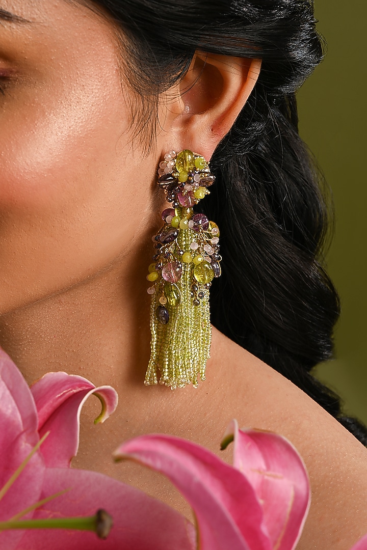 Gold Finish Green Monalisa Stone Dangler Earrings by House of D'oro at Pernia's Pop Up Shop