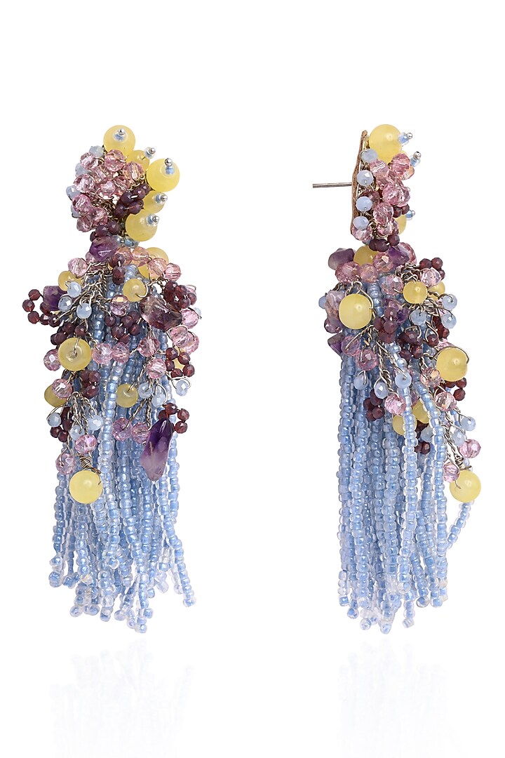 Gold Finish Blue Monalisa Stone Dangler Earrings by House of D'oro at Pernia's Pop Up Shop