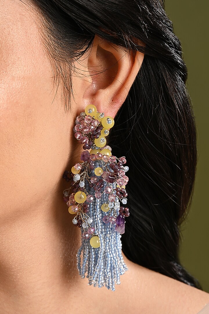 Gold Finish Blue Monalisa Stone Dangler Earrings by House of D'oro at Pernia's Pop Up Shop