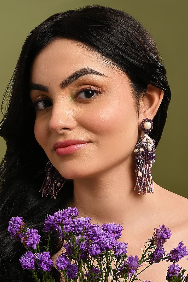 Gold Finish Purple Monalisa Stone & Pearl Dangler Earrings by House of D'oro at Pernia's Pop Up Shop