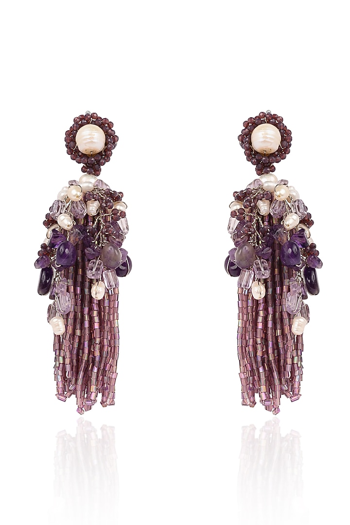 Gold Finish Purple Monalisa Stone & Pearl Dangler Earrings by House of D'oro at Pernia's Pop Up Shop