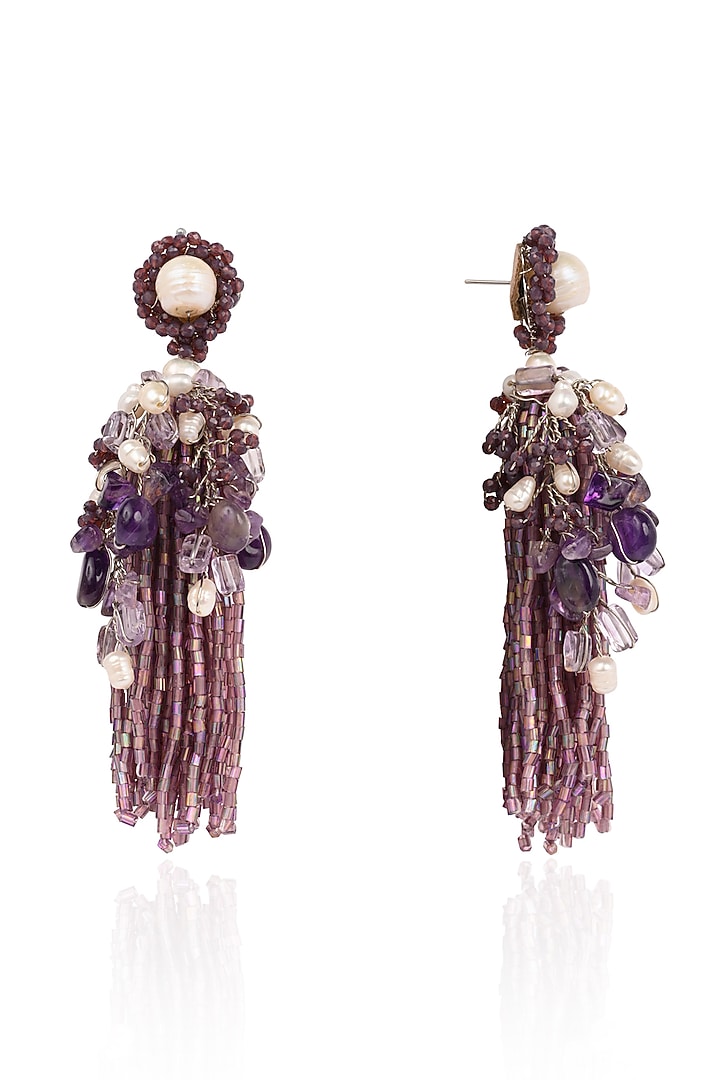 Gold Finish Purple Monalisa Stone & Pearl Dangler Earrings by House of D'oro at Pernia's Pop Up Shop