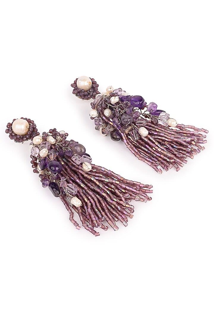 Gold Finish Purple Monalisa Stone & Pearl Dangler Earrings by House of D'oro at Pernia's Pop Up Shop
