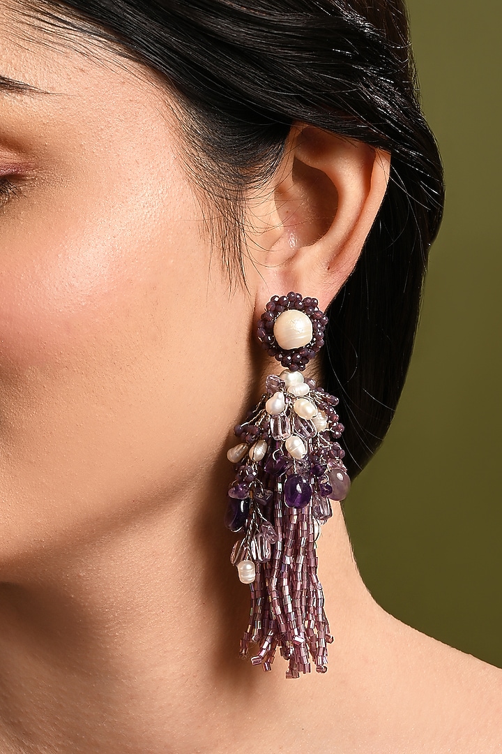 Gold Finish Purple Monalisa Stone & Pearl Dangler Earrings by House of D'oro at Pernia's Pop Up Shop
