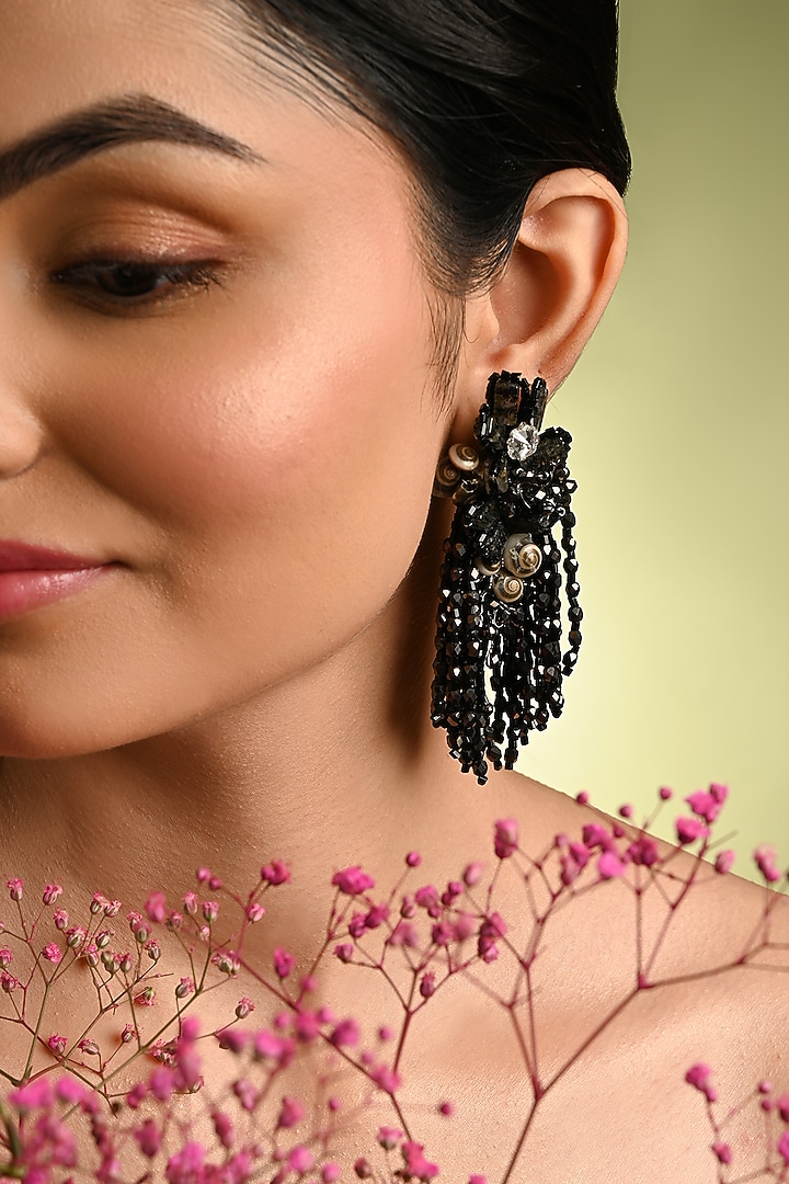 Gold Finish Black Quartz Dangler Earrings by House of D'oro at Pernia's Pop Up Shop