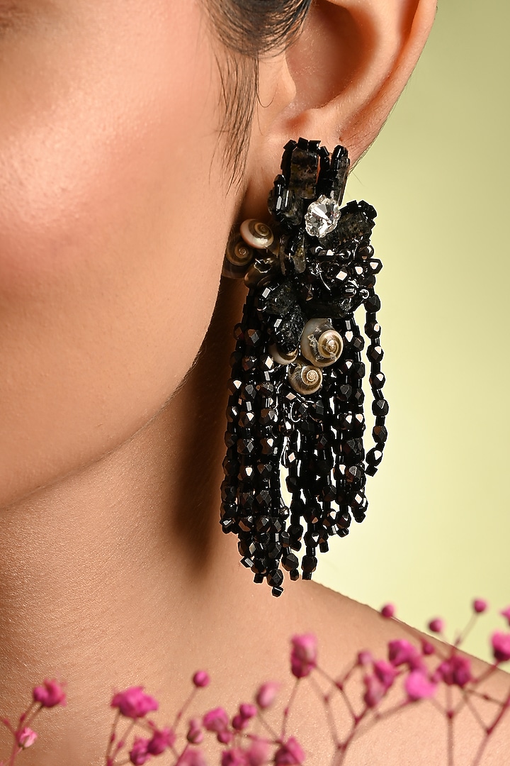 Gold Finish Black Quartz Dangler Earrings by House of D'oro at Pernia's Pop Up Shop