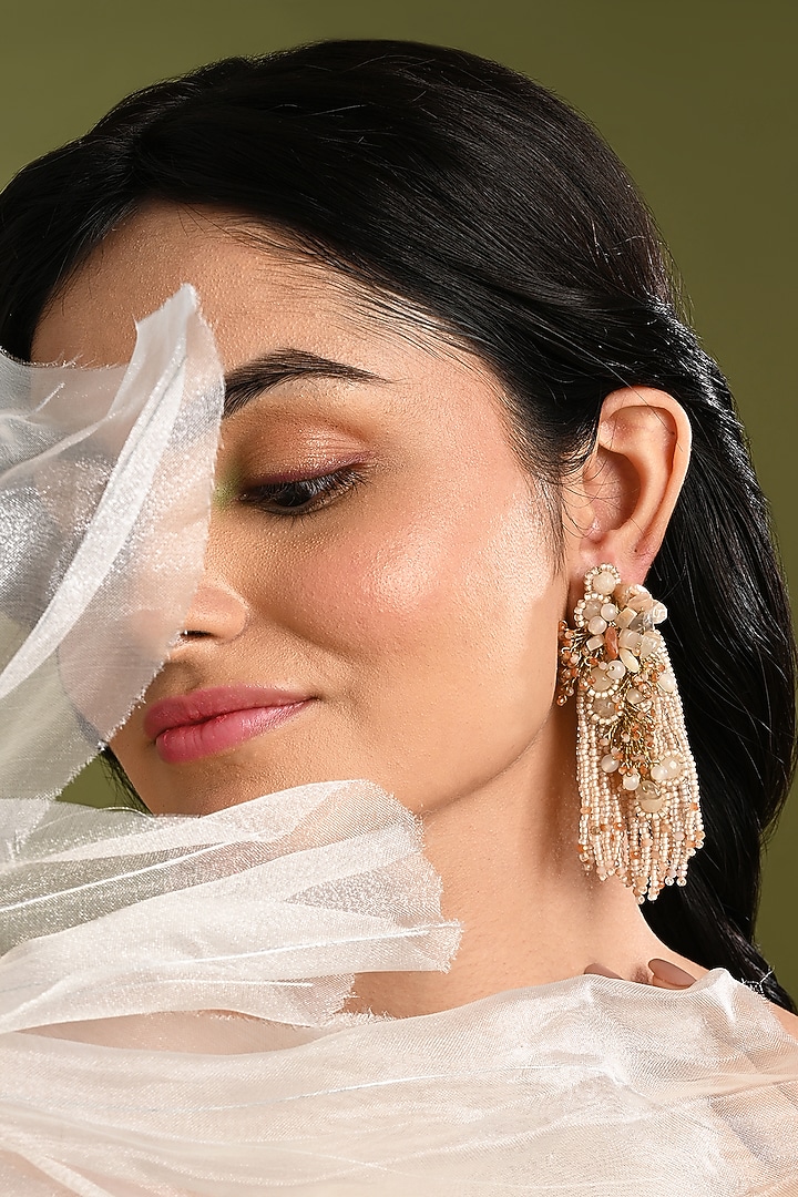 Gold Finish Peach Quartz & Crystal Dangler Earrings by House of D'oro at Pernia's Pop Up Shop