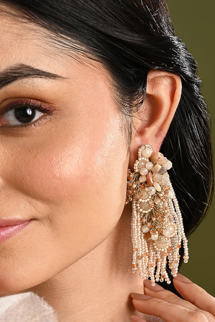 Gold Finish Peach Quartz & Crystal Dangler Earrings by House of D'oro at Pernia's Pop Up Shop