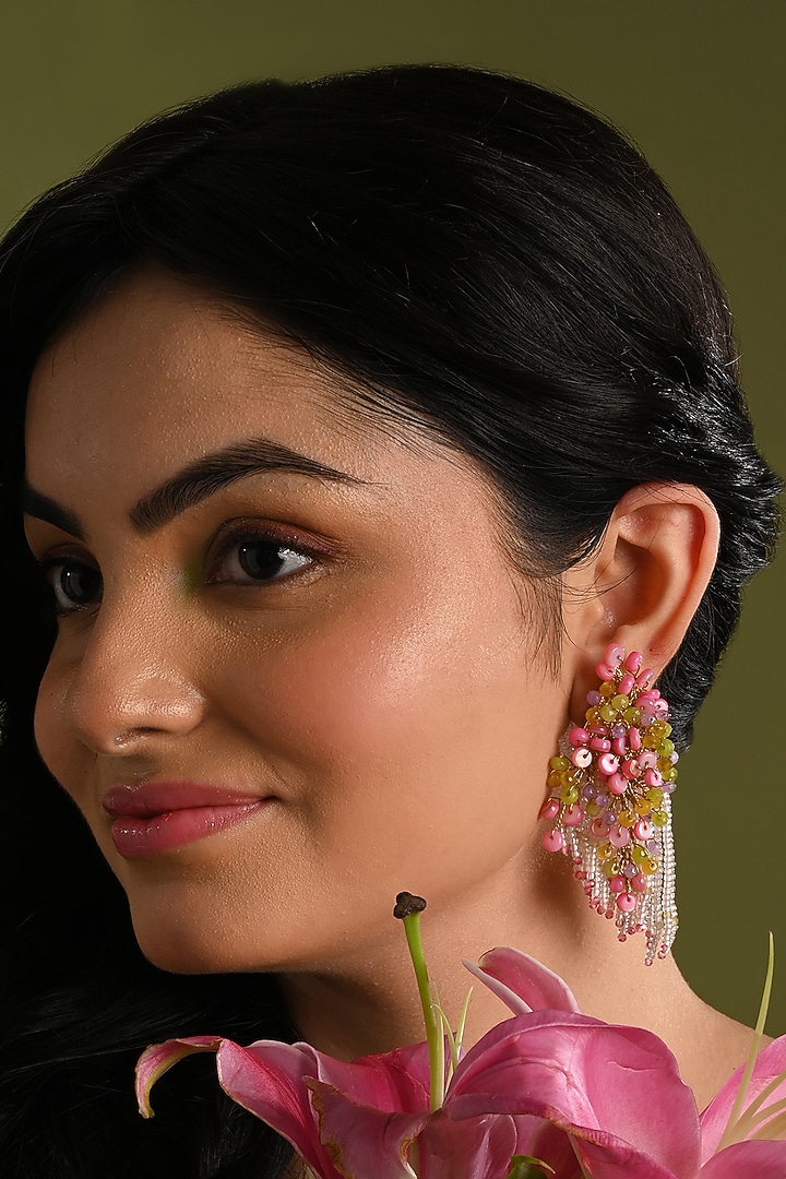 Gold Finish Pink Mother Of Pearl Dangler Earrings by House of D'oro at Pernia's Pop Up Shop