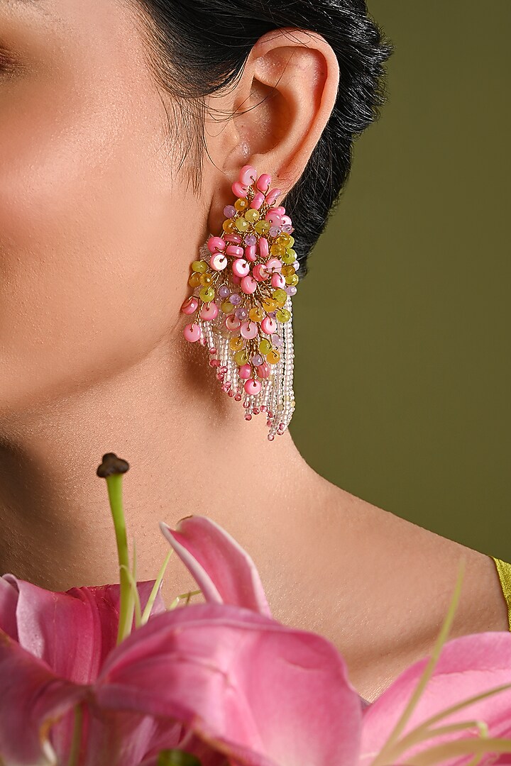 Gold Finish Pink Mother Of Pearl Dangler Earrings by House of D'oro at Pernia's Pop Up Shop