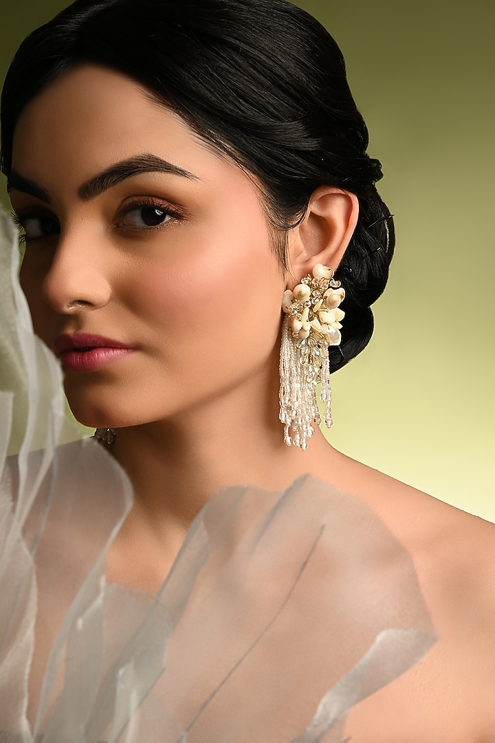 Gold Finish White Mother Of Pearl Dangler Earrings by House of D'oro at Pernia's Pop Up Shop