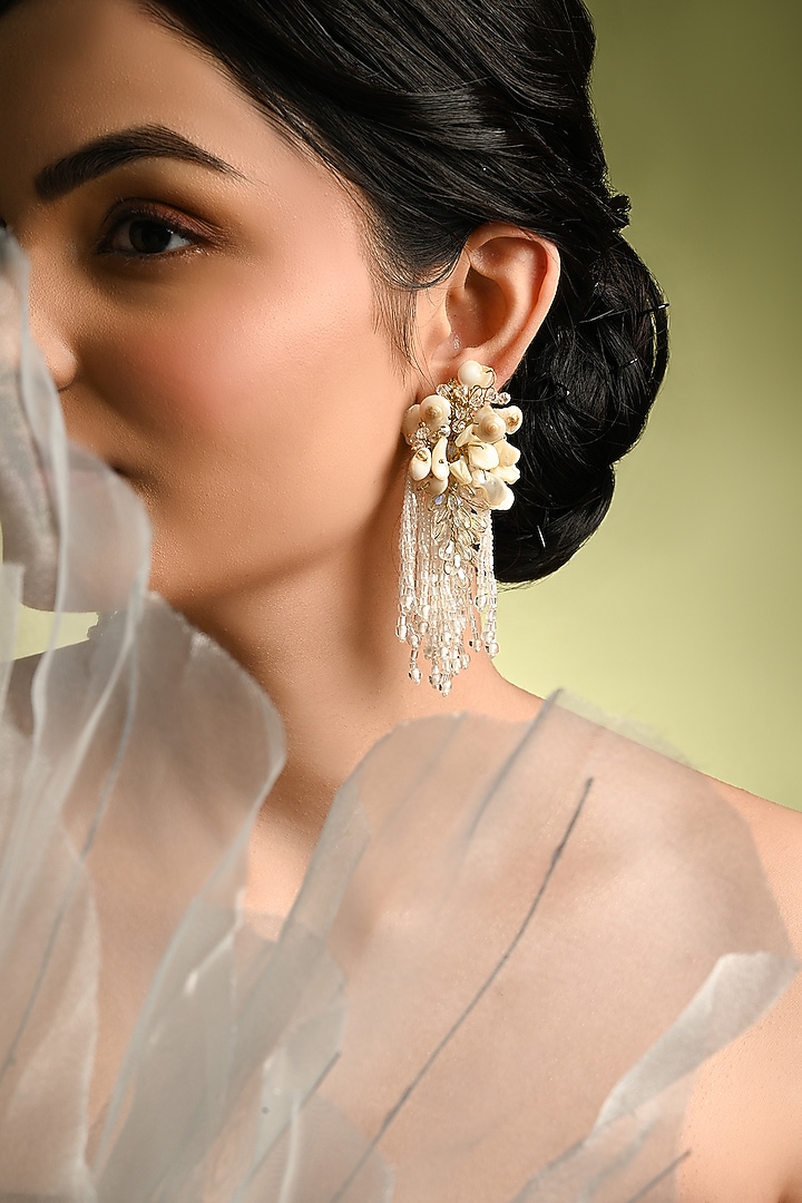 Gold Finish White Mother Of Pearl Dangler Earrings by House of D'oro at Pernia's Pop Up Shop