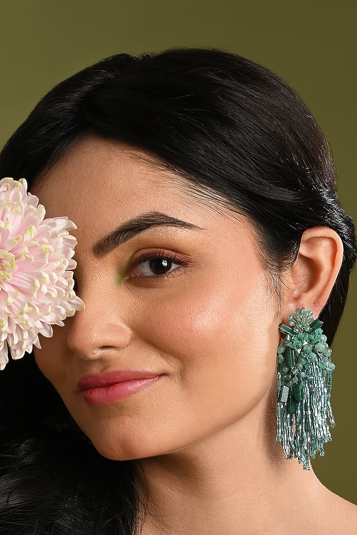 Gold Finish Green Quartz Dangler Earrings by House of D'oro at Pernia's Pop Up Shop