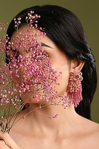 Gold Finish Rose Quartz & Crystal Dangler Earrings by House of D'oro