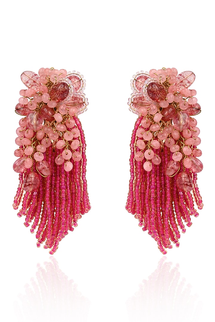 Gold Finish Rose Quartz & Crystal Dangler Earrings by House of D'oro at Pernia's Pop Up Shop