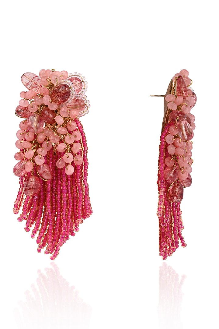 Gold Finish Rose Quartz & Crystal Dangler Earrings by House of D'oro at Pernia's Pop Up Shop
