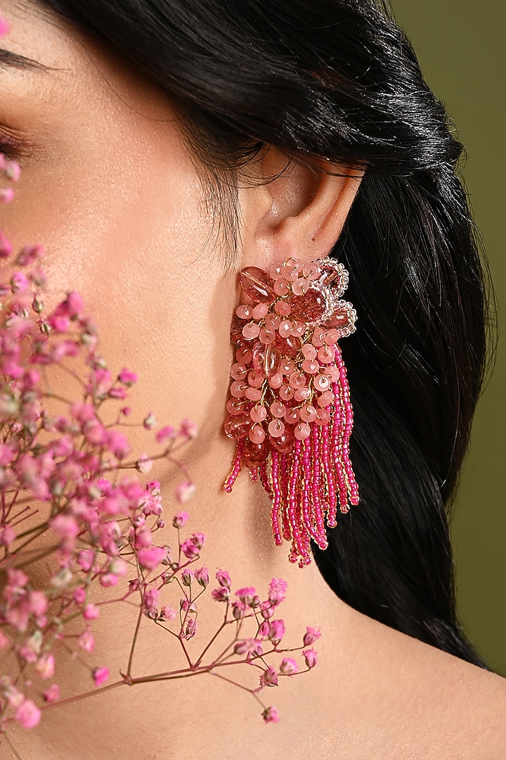 Gold Finish Rose Quartz & Crystal Dangler Earrings by House of D'oro at Pernia's Pop Up Shop