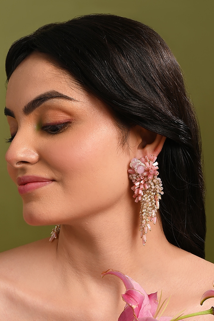 Gold Finish Pink Mother Of Pearl Dangler Earrings by House of D'oro at Pernia's Pop Up Shop