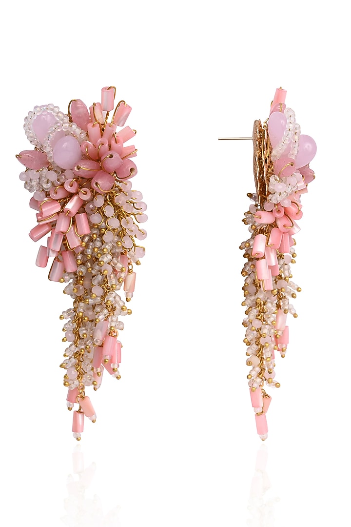 Gold Finish Pink Mother Of Pearl Dangler Earrings by House of D'oro at Pernia's Pop Up Shop