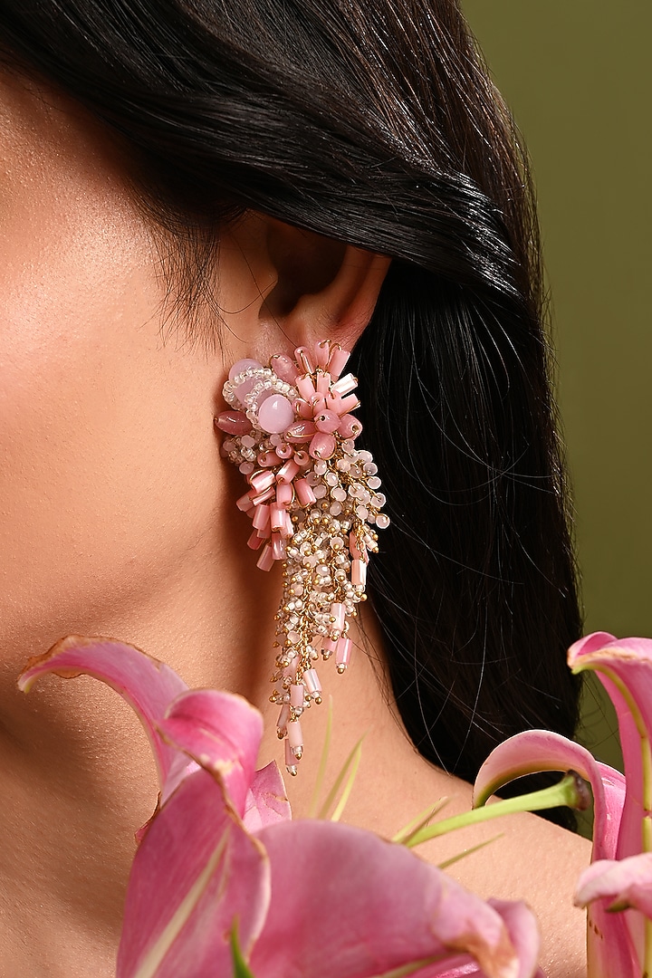 Gold Finish Pink Mother Of Pearl Dangler Earrings by House of D'oro at Pernia's Pop Up Shop