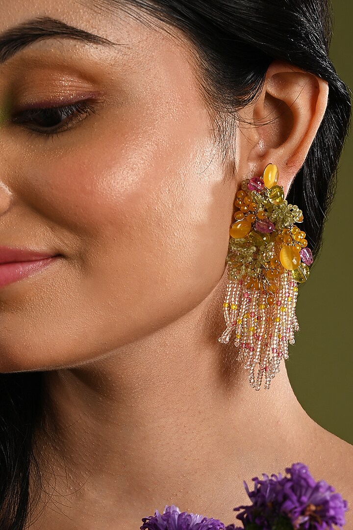 Gold Finish Multi-Colored Monalisa Stone Dangler Earrings by House of D'oro at Pernia's Pop Up Shop