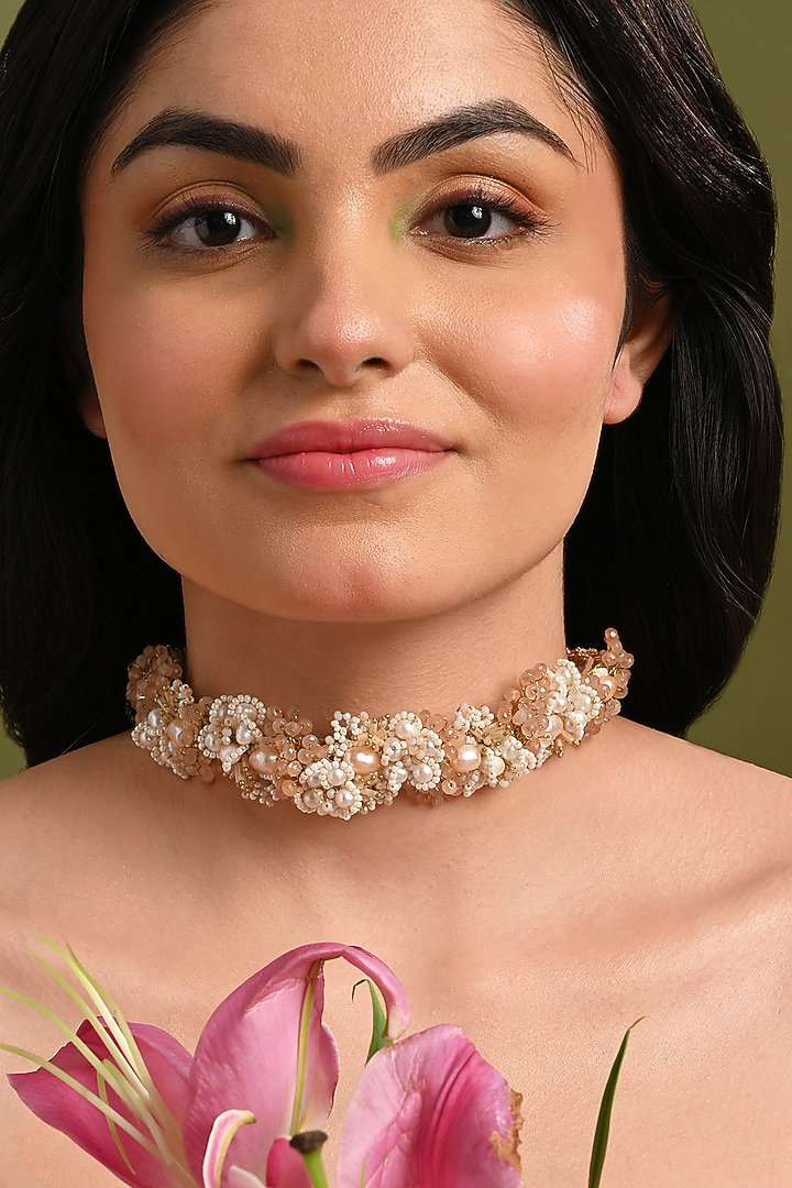 Gold Finish White Pearl & Peach Stone Choker Necklace by House of D'oro at Pernia's Pop Up Shop