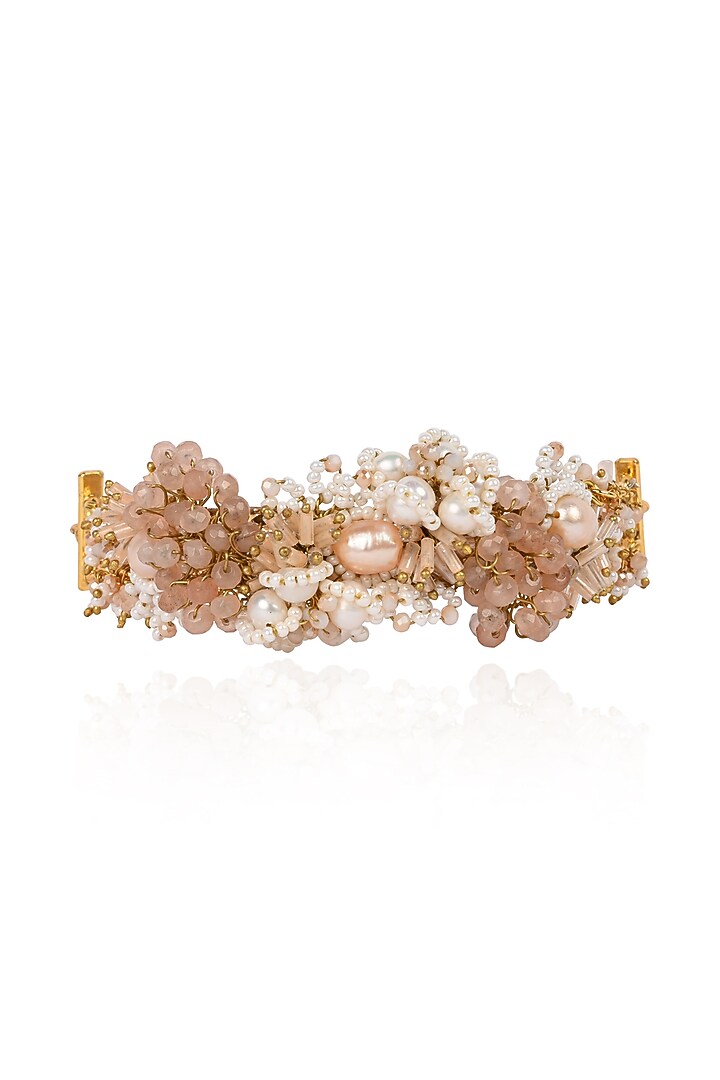 Gold Finish White Pearl & Peach Stone Choker Necklace by House of D'oro at Pernia's Pop Up Shop