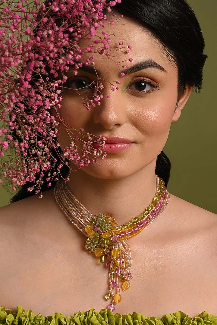 Gold Finish Multi-Colored Stone & Beaded Choker Necklace by House of D'oro at Pernia's Pop Up Shop