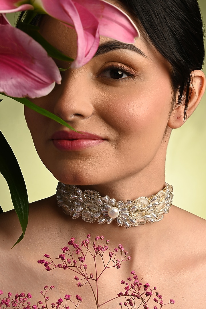 Gold Finish White Pearl & Stone Butterfly Choker Necklace by House of D'oro at Pernia's Pop Up Shop