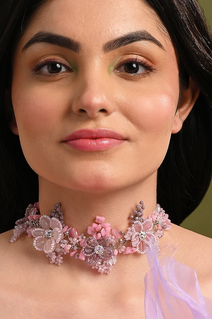 Gold Finish Pink & Lilac Stone Choker Necklace by House of D'oro at Pernia's Pop Up Shop