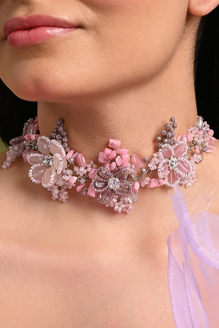 Gold Finish Pink & Lilac Stone Choker Necklace by House of D'oro at Pernia's Pop Up Shop