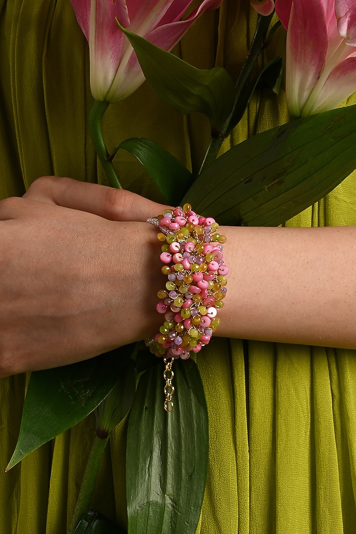 Gold Finish Pink Mother Of Pearl Bracelet by House of D'oro at Pernia's Pop Up Shop