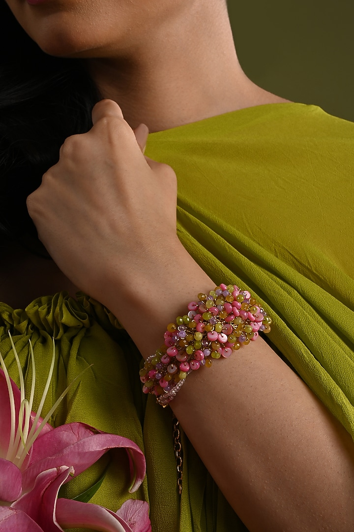 Gold Finish Pink Mother Of Pearl Bracelet by House of D'oro at Pernia's Pop Up Shop