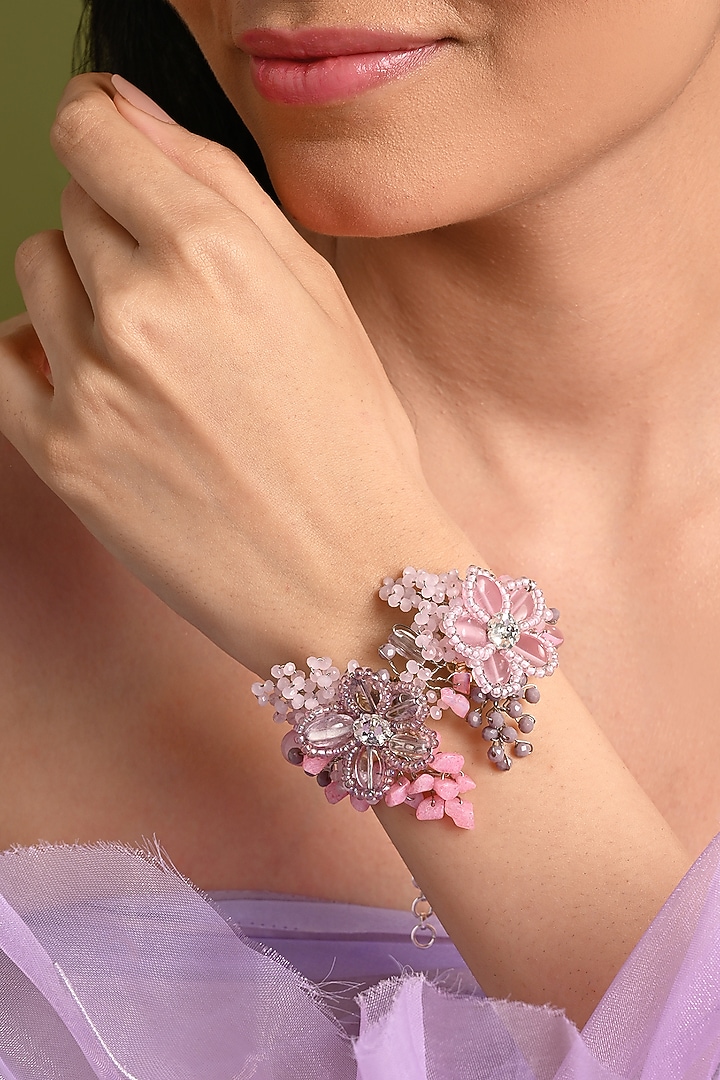 Gold Finish Lilac & Pink Monalisa Stone Floral Bracelet by House of D'oro at Pernia's Pop Up Shop