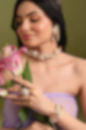 Gold Finish White Pearl & Peach Stone Choker Necklace Set by House of D'oro at Pernia's Pop Up Shop