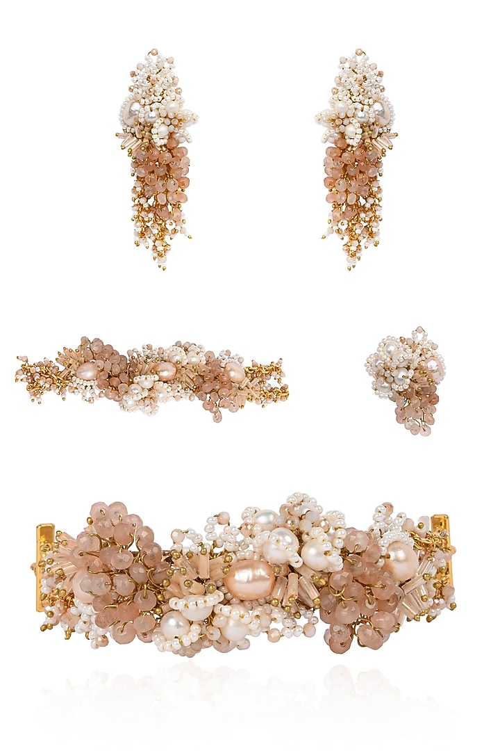 Gold Finish White Pearl & Peach Stone Choker Necklace Set by House of D'oro at Pernia's Pop Up Shop